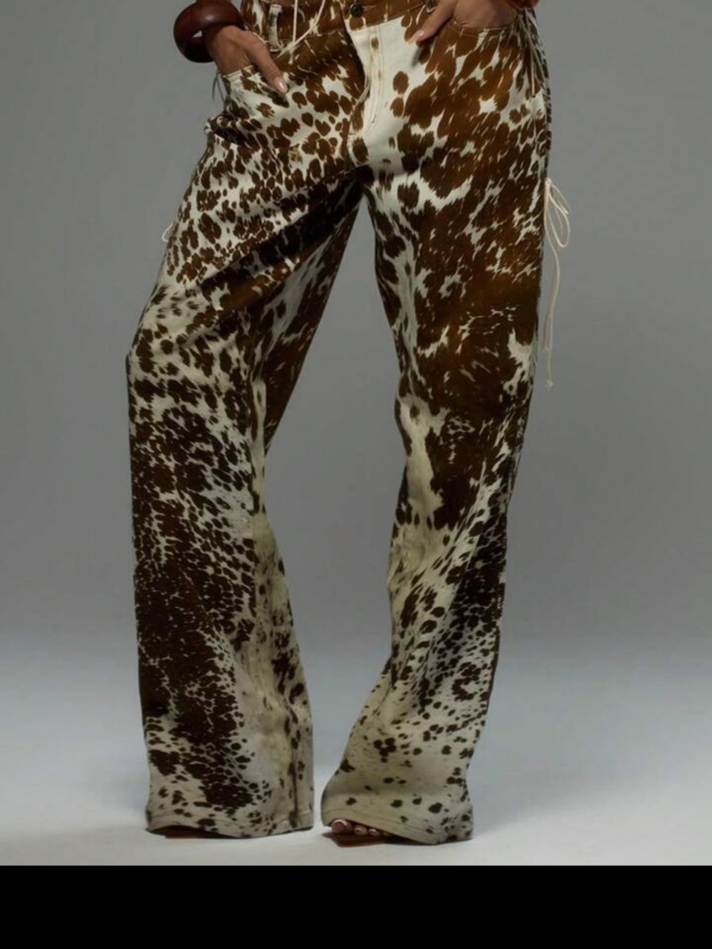 Brown and Cream Cowhide Print Wide-Leg Pants